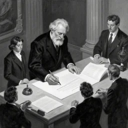 president scroob signing the world changing bill, art by joan hankewoods and alan gutierrez and wayne reynolds, trending on artstation, atmospheric isometric view illustrator, impressionism, sabattier effect, black and white, caravaggisti