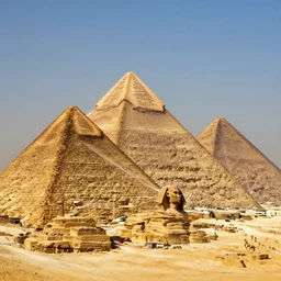 Great Pyramids turning into gigantic robots with lasers in Egypt. Photorealistic. Intricate details.
