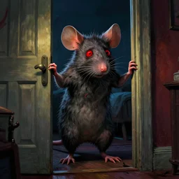 cinematic colorful horror artwork by artgerm, beksinski, mark brooks ; real life full portrait of ugly furry mouse, red eyes, entering bedroom door ajar ; night light, scary, 8 k hdr, creepy intricate ; volumetric dramatic lighting, insanely detailed, haunting
