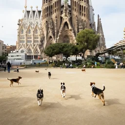 dog park in barcelona in front of the sagrada familia, many dogs are running around and playing, picture is taken with a 9 0 s kodak disposable camera, golden hour