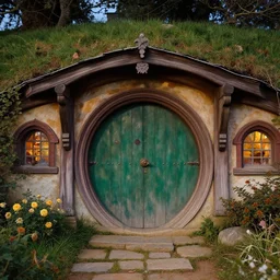 hobbiton with highly intricate door, small garden, evening, highly detailed matte painting, low angle view, by stanley artgerm lau, greg rutkowski, thomas kinkade, alphonse mucha, loish, norman rockwell, artstation