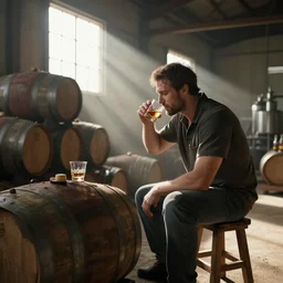 a whisky factory with barrels stacked up to the sealing. sitting on a small wooden stool a large man sips a tiny tumbler of whisky. beautiful atmospheric lighting, sunlight beaming through open windows, small dust particles in the air. unreal engine 5, v - ray, 8 k, ultra hd, god rays.