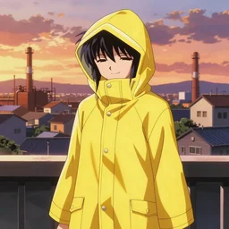 girl wearing massive yellow raincoat, face obscured by cowl, smug grin, grin, yellow raincoat, cel - shading, 2 0 0 1 anime, flcl, jet set radio future, sunset, golden hour, japanese town, industrial park, cel - shaded, jsrf, strong shadows, vivid hues, y 2 k aesthetic
