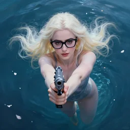 abeautiful + blonde + dragon queen + white hair + cool black glasses + holding pistol + tights suit + lily collins, floating under the deep dream water, beautiful smooth soft light + white petal, oil paint, cinematic lighting, octane render, unreal engine 5, closeup, 4 k, highly detailed, instagram,