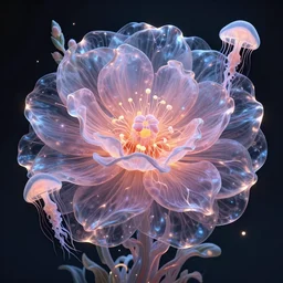 a giant flower made out of chakra, giant gladiola and jellyfish chakra in a giant mycelium fungus, translucent, plasma, energy flow. highly detailed, excellent composition