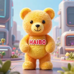 portrait of haribo bear in future city, color and shape focus, cnetral composition, natural light, bloom, puff, by simon stalenhag and rene