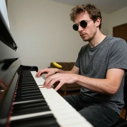 wide angle photography if man wearing round hippie sunglasses hitting a piano with a banana