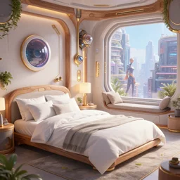 a white bed in a complex futuristic cozy bedroom from overwatch and oblivion movie, by wlop by jungyeonmin and james jean jhonseru jsezz artstation and greg rutkowski, with some wood and gold details, biomechanical, lens orbs, global illumination, with a window overlooking a cyberpunk metropolis, lounge, architectural, volumetric lighting, granular detail, hypermaximalist, micro details, blender, vray