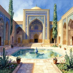 lovecrafian persian garden. this watercolor painting by the award - winning mangaka has dramatic lighting, an interesting color scheme, a sense of depth.