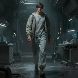 concept art by greg rutkowski, a very tall and slender young man, dressed in patient clothes and an open sweatshirt, wandering through a desolate futuristic hospital, dimly light, frightening, scifi, highly detailed portrait, digital painting, artstation, concept art, smooth, sharp foccus ilustration, artstation hq