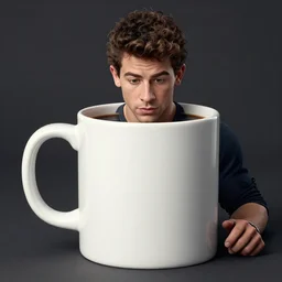 portrait of a ( ( ( white oversized ceramic mug of coffee ) ) ), dotado handsome nick jonas looking into the mug, 3 d photorealistic, concept character, parts by beksinski, parts by goro fujita, parts by yue minjun, by filip hodas, trending on artstation