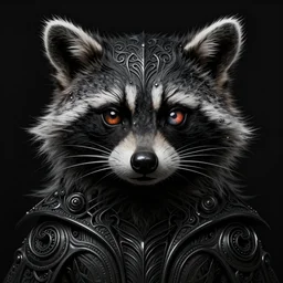 cyber raccoon mf doom reptile eyes, black metal fur, intricate, elegant, highly detailed, centered, digital painting, artstation, concept art, smooth, sharp focus, illustration, artgerm, tomasz alen kopera, peter mohrbacher, donato giancola, joseph christian leyendecker, wlop, frank frazetta