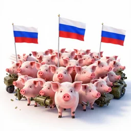 3 d virtual huge army of pigs with russian flags and military equipment as realistic and detailed as possible 4 k