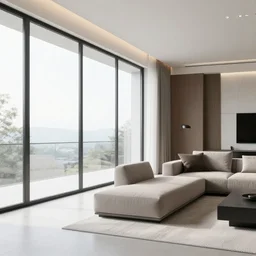 A modern living room with floor to ceiling glass windows on the left and on wooden stairs to the second floor on the right, two white sofas with a white marble table in the center, 8k resolution, professional interior design photograph, wide angle photograph