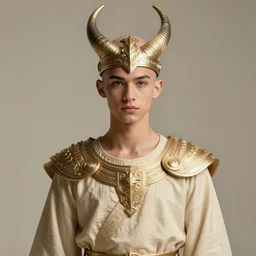 young bald jaden smith as ancient libu warrior, ecru dress, horn headdress, intricate, elegant, highly detailed, digital painting, artstation, concept art, smooth, sharp focus, illustration, orientalism, bouguereau, rutkowski, mucha