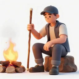 Trader, holding a walking stick, sitting by a fire, digital art, 4k, high quality render, trending on artstation, unreal engine