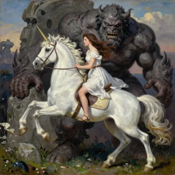 A beautiful brunette girl on a unicorn charges an ugly stone giant, good against evil, brilliant, oil on canvas, smooth, colorful and impactful, by Ralph Horsley, 8K