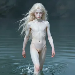 beautiful soldier young teenage male boy walking on water, platinum blonde long hair, white shiny skin, demonic eyes, low fantasy, extremely detailed, sharp focus, smooth, digital illustration, art by artgerm and greg rutkowski and alphonse mucha and ruan jia