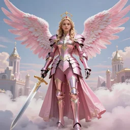 gorgeous!! hyper - realistic princess resembling olivia wilde wearing ornate pink knight armor, angel wings, angemon l holding a long sword | divine, elegant, ethereal, heavenly, clouds, holy city | illustration, intricate, high detail, ultra graphics, daz | drawn by wlop, drawn by jeehyung lee, drawn by artgerm
