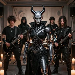 cyberpunk black metal band, guitarists, bassist, drummer, vocalist, all black cyberpunk clothes, robotic prosthetic limbs, dermal implants, detailed faces, cyborg satan, futuristic, realistic, promo photograph, epk, room full of candles, high quality photograph, highly detailed, centered