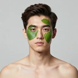 a fashion portrait photograph of a man with a leaf on his face designed by stanley kubric, pastel colors, 3 5 mm, color film camera, studio lighting, pentax