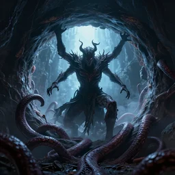 the dark magician summons a portal, tentacles climb from the portal, peter mohrbacher style, ray tracing, octane render, cinematic, digital art, realistic, high quality, 8 k