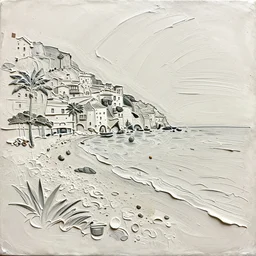 impasto relief painterly sketch of a beautiful italian beach scene, bobbly style, claire tabouret