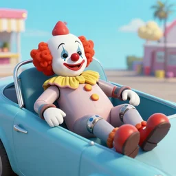 robot clown relaxing at a california drive in, in 1 9 5 2, cutecore clowncore, bathed in the the glow of the sunset, low - light photograph, in style of tyler mitchell, cut and paste collage