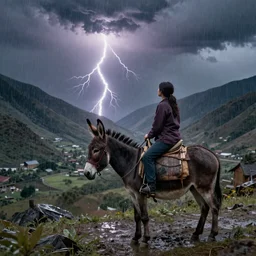 woman on a donkey gazing at a lightning bolt in the distance in a valley, heavy rain approaching, John Harris, crisp lighting, breathtaking detail, cinematic