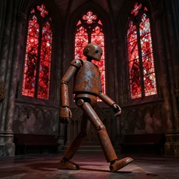 a rusted android walking across a dimly lit gothic cathedral with red stained glass windows, cinematic, concept art, detailed, dark