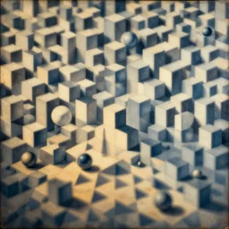 « full color pattern, escher and ( hieronymus bosch ), 3 6 0 panorama and ( three point perspective ), focus and ( gaussian blur ), warm tone and ( cold tone ), light and ( shadows ), coubes and ( balls )