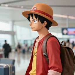 “ a portrait of luffy at a airport, side shot, 8 k resolution, high quality ”