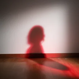 she sees her shadow outlined in red light along the floor below