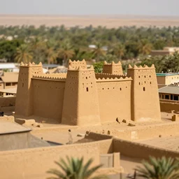 High-quality tilt-shift photography of an old West African castle made of mud bricks, Timbuktu, National Geographic