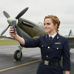 pilot emma watson posing for a selfie with a spitfire plane, 1 9 3 9
