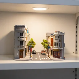 photo still of shelf with a miniature street, front view, 8 k, studio lighting bright ambient lighting key light, 8 5 mm f 1. 8