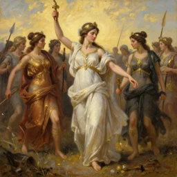 the goddesses fraya going to war with her army, oil painting, golden hour, high detail.