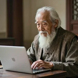 an an ancient old man, 5 0 0 years old man using a macbook