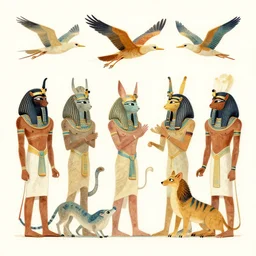 egyptian peaceful by aquirax uno. a beautiful drawing of a group of creatures that looks like a mix of different animals. most of the creatures have human - like features, such as arms & legs, & some are standing upright while others are crawling or flying.