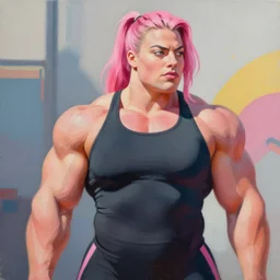 greg manchess portrait painting of margot robbie as beautiful thick very muscular roided champion bodybuilder zarya from overwatch, 1 0 2 1, ponytail pink hair, wide roided face, medium shot, asymmetrical, profile picture, organic painting, sunny day, matte painting, bold shapes, hard edges, street art, trending on artstation, by huang guangjian and gil elv