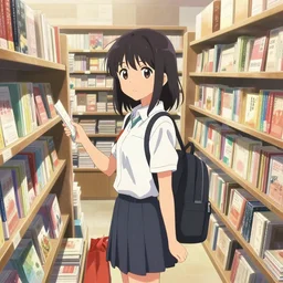 one single high school anime girl shopping on a book store. by makoto shinkai, stanley artgerm lau, wlop, rossdraws, james jean, andrei riabovitchev, marc simonetti, krenz cushart, sakimichan, trending on artstation, digital art.