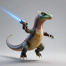 “ komodo dragon in the style of zootopia holding laser gun, floating alone, with a black background, digital art, award winning, trending on art station, retro style ”