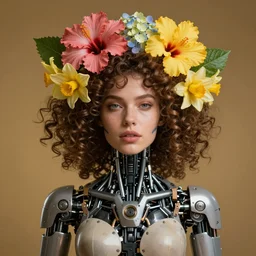 a beautiful fine art RPG portrait photo of a  robot female cyborg, spread out curly hair covered by hibiscus, daffodils, hydrangea, montsera leaves by tom bagshaw, golden ratio composition, soft studio lighting, soft vignette, 50mm lens, very detailed, bionic, cybernetic scifi, deep depth of field, artstation, 8K