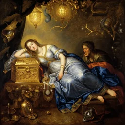 hindu women are sleeping on gold tresure in baroque style, painting by james jean, craig mullins, j. c. leyendecker, lights, art by ernst haeckel,
