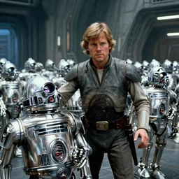 screenshot of the epic scene featuring Luke Skywalker in grey body armor, he is helping an army fleet of chrome C-3P0 droids, iconic scene from 1980s film by Stanley Kubrick, 4k, cinematic still frame, surreal sci fi architecture, portrait photoreal, detailed face, moody lighting, stunning cinematography, hyper detailed, sharp, anamorphic lenses, kodak color film stock