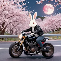 bunny wearing a leather jacket riding a motorbike on a highway during sakura season on a blood moon, by peter mohrbacher, james jean, wlop, greg rutkowski, detailed - face!!!, rule of thirds, dynamic pose, action pose, beautiful landscape