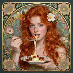 Beautiful and playful ethereal ginger portrait having lunch, art nouveau, fantasy, intricate flower designs, elegant, highly detailed, sharp focus, art by Artgerm and Greg Rutkowski and WLOP