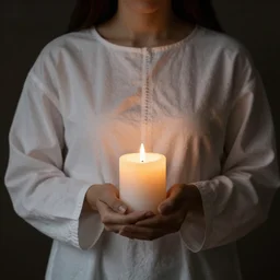 woman in a white tunic holding a candle in the darkness.