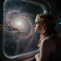 emma watson looks out of a window in outer space, looking at a nebula
