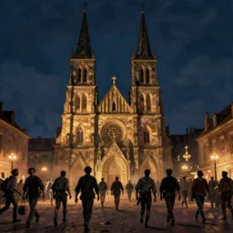 zombies, fleeing people, city, church, night, dramatic light, painted by caspar david friedrich